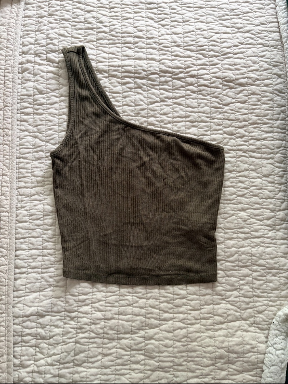 One-Shoulder Ribbed Crop Top - Olive Forest Green
